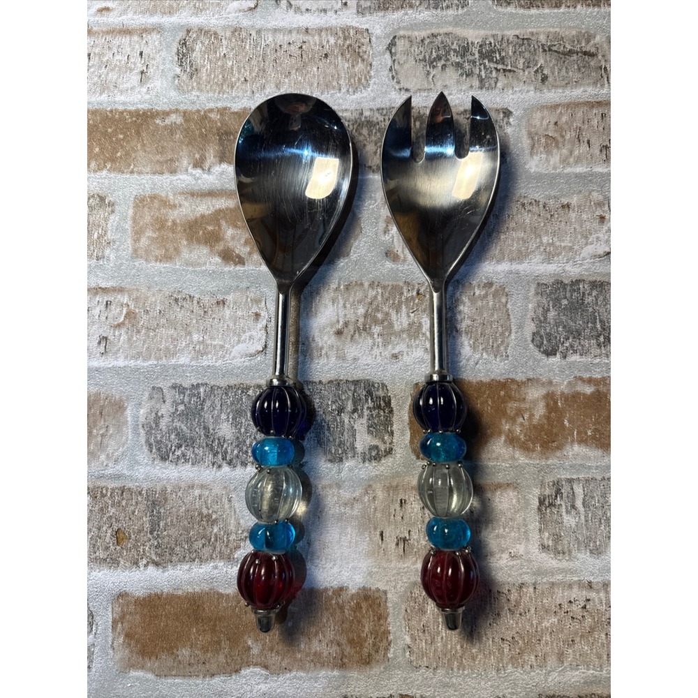 Stainless Steel Salad Servers Glass Bead Handles Blue Red Clear‎ 2 Piece Set